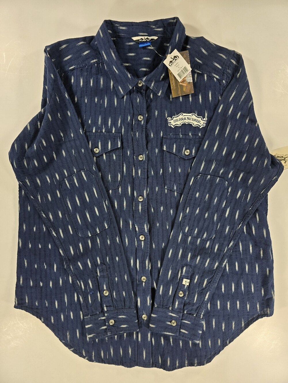 NEW KAVU Womens Button Down Long Sleeve Shirt Sierra Nevada Brewery Dark Blue